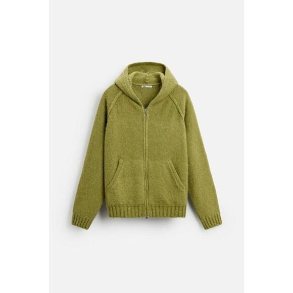 Zara Mens Sweater Size L-XL Green Knit Hooded Full Zip Cardigan 3166/404 NWT - Picture 3 of 16